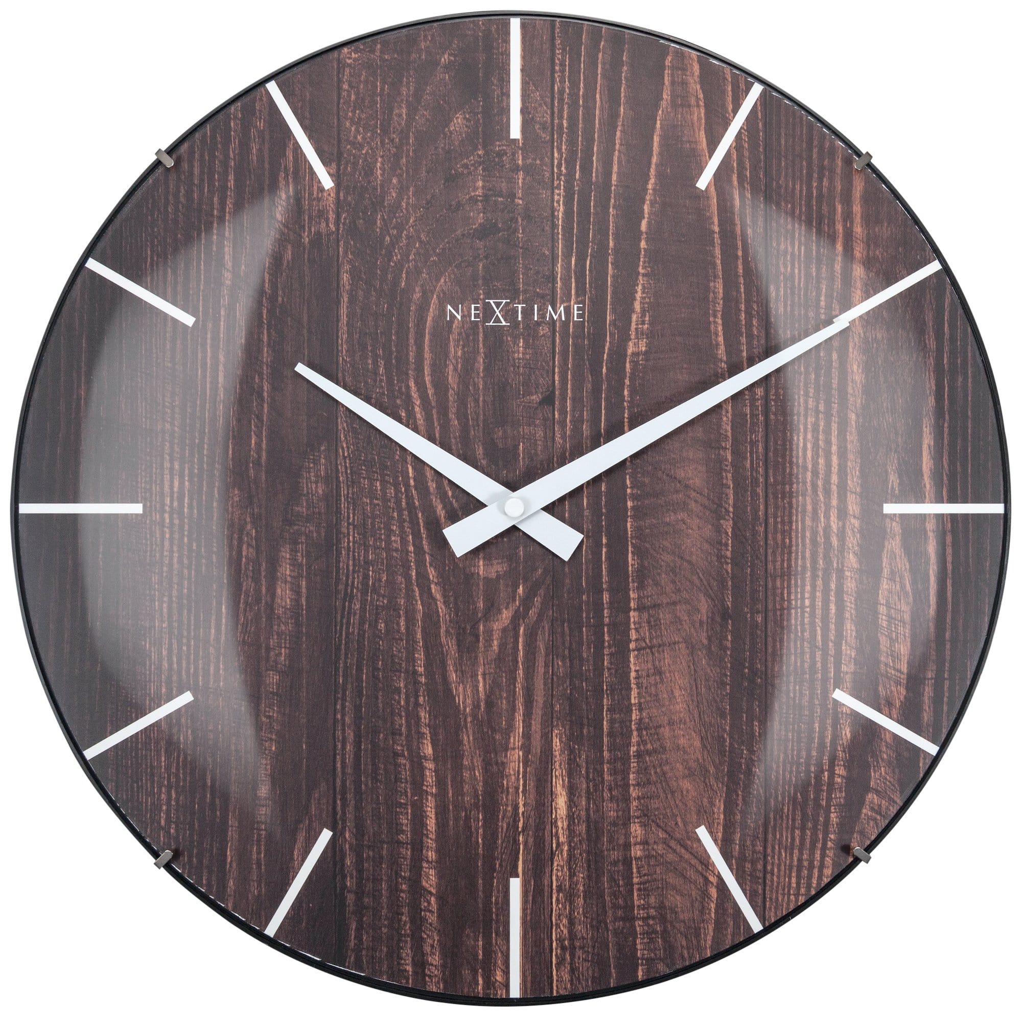 NeXtime Clocks Edge Wood Dome wall clock, 35 cm diameter with dome glass, showcasing a modern wooden design and clear clock face.